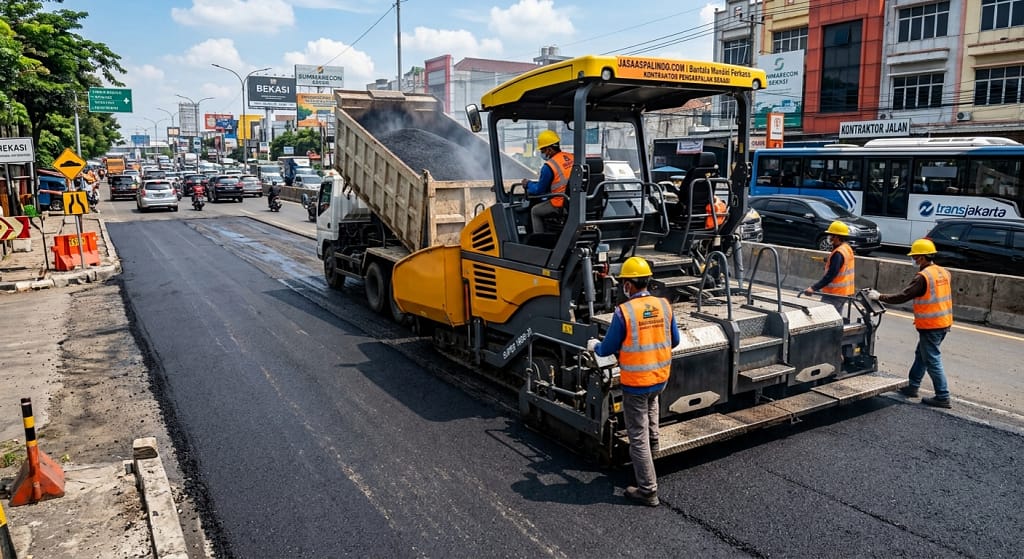 - Pekerjaan jasa pengaspalan Bekasi menggunakan asphalt finisher pada lapisan AC-WC di kawasan industri